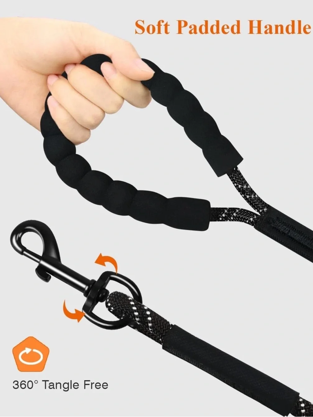 65ft Durable Black & White Reflective Dog Rope Leash - Comfort Handle